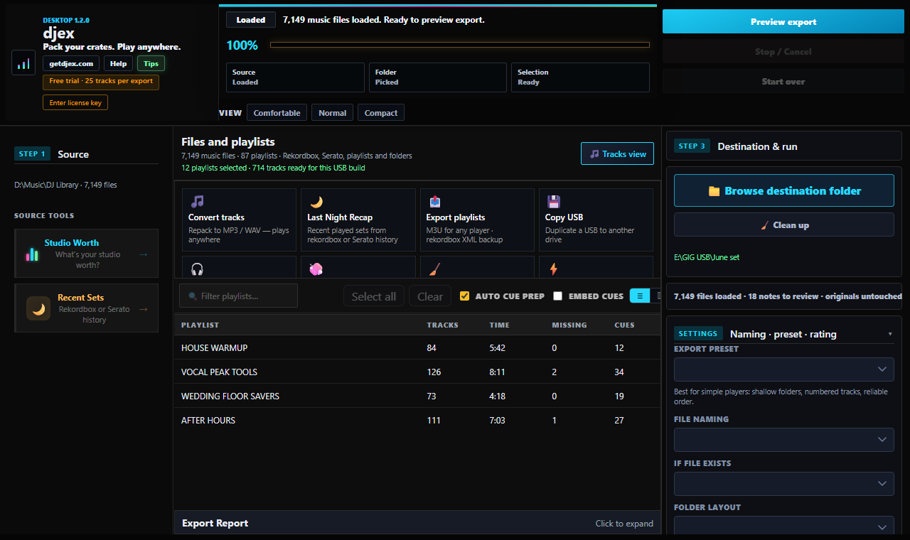 Real djex desktop app screen showing source imports, playlist tools, destination settings, and export controls.